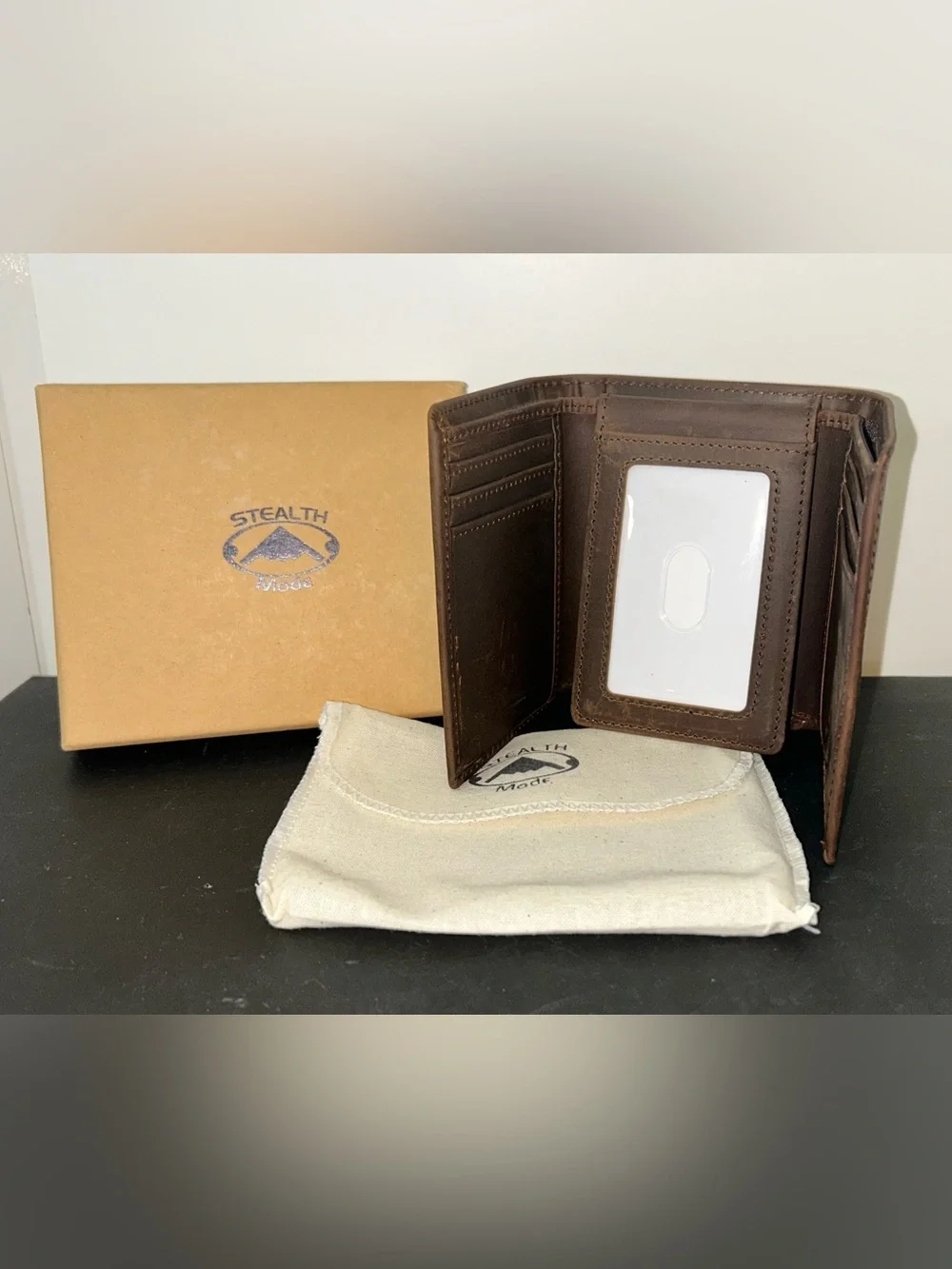 Leather Trifold Wallet with ID Window - Dark Brown